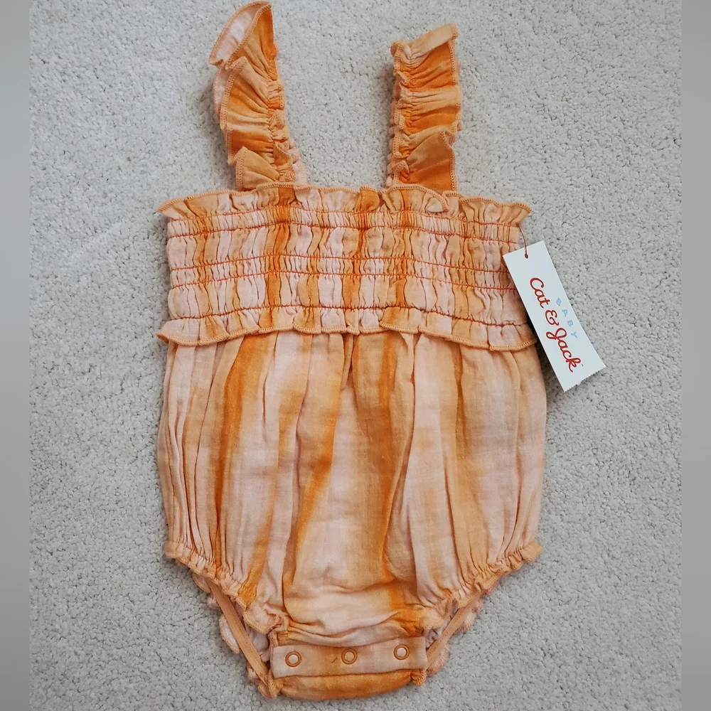 NWT Cat & Jack Baby Girls' Tie-dye Orange Smocked Gauze Jumpsuit Romper sz0-3m